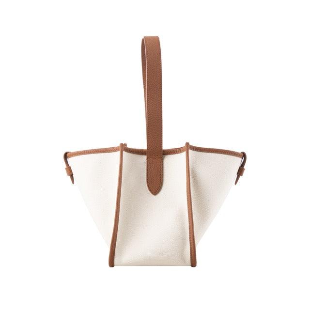 Brown & White Waterproof Canvas & Cow Leather Square Large Capacity Tote Bag - loliday.net
