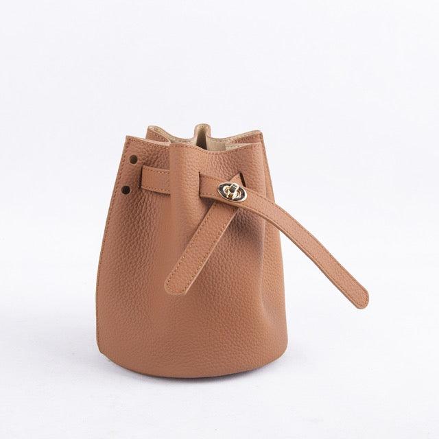 Brown Semi-Handmade Top Grain Cow Leather Lock Mini Bucket Bag | Crossbody Bag - loliday.net