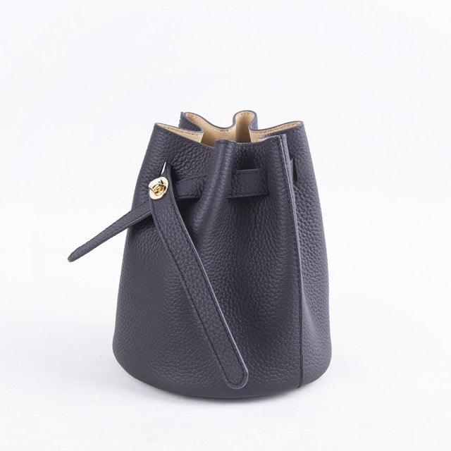 Black Semi-Handmade Full Grain Cow Leather Lock Mini Bucket Bag | Crossbody Bag - loliday.net