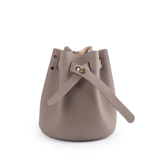 Khaki Semi-Handmade Top Grain Cow Leather Lock Mini Bucket Bag | Crossbody Bag