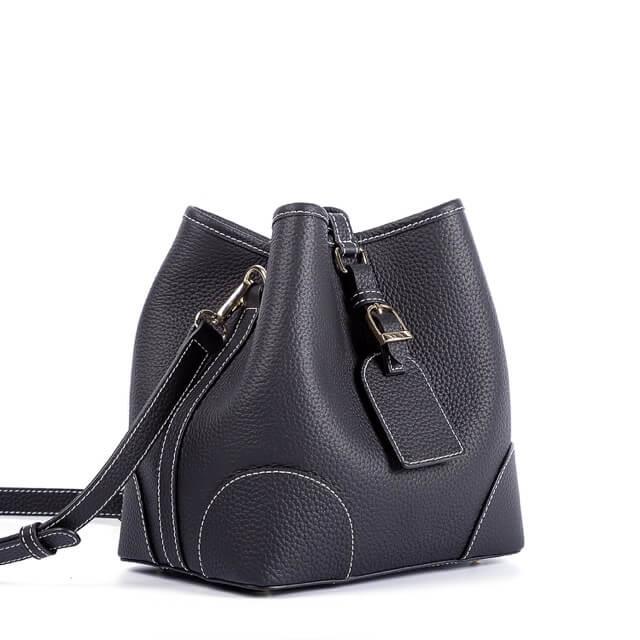 Black Full Grain Cow Leather Mini Drawstring commute Bucket Bag | Crossbody Bag - loliday.net