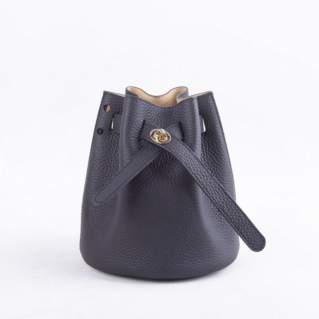 Black Semi-Handmade Full Grain Cow Leather Lock Mini Bucket Bag | Crossbody Bag - loliday.net