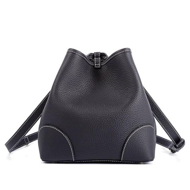 Black Full Grain Cow Leather Mini Drawstring commute Bucket Bag | Crossbody Bag - loliday.net