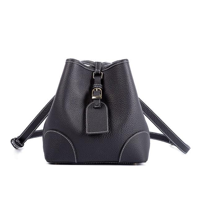 Black Full Grain Cow Leather Mini Drawstring commute Bucket Bag | Crossbody Bag - loliday.net