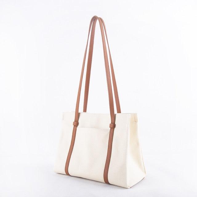 Brown & White Waterproof Canvas & Cow Leather Square Tote Bag | Shoulder Bag - loliday.net
