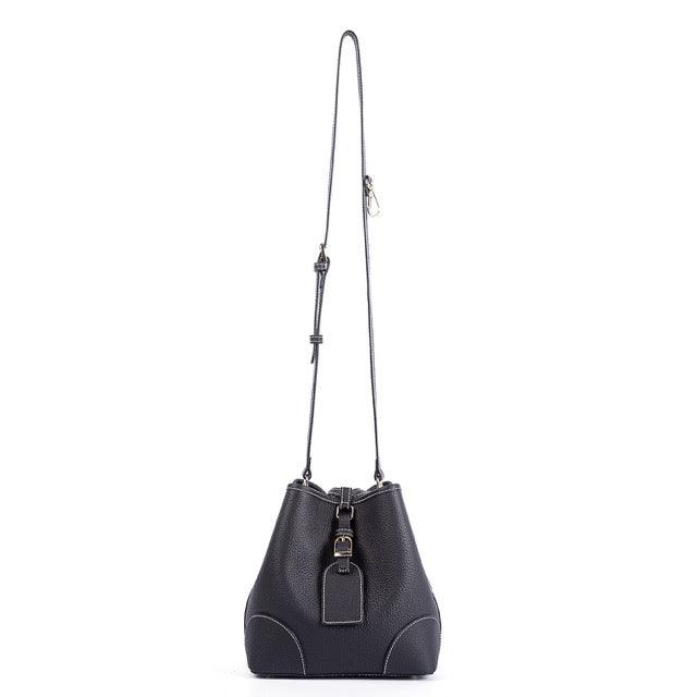 Black Full Grain Cow Leather Mini Drawstring commute Bucket Bag | Crossbody Bag - loliday.net