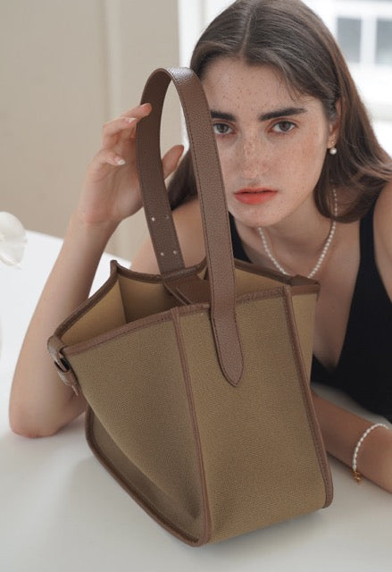Large Square Commuter Tote Bag | Top Handle Bag in Canvas & Leather _Dark Brown & Khaki