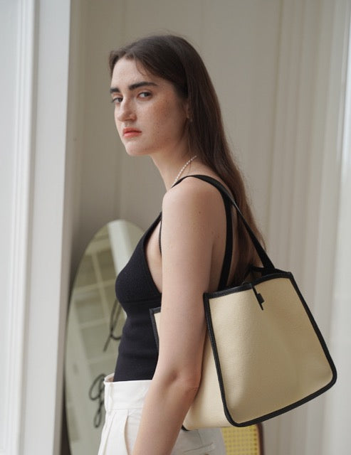 Large Square Commuter Tote Bag | Top Handle Bag in Canvas & Leather _ Black & White