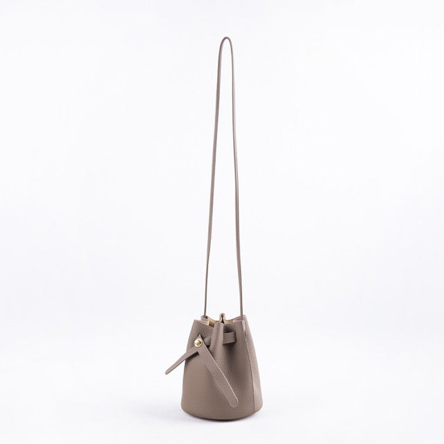 Khaki Semi-Handmade Top Grain Cow Leather Lock Mini Bucket Bag | Crossbody Bag