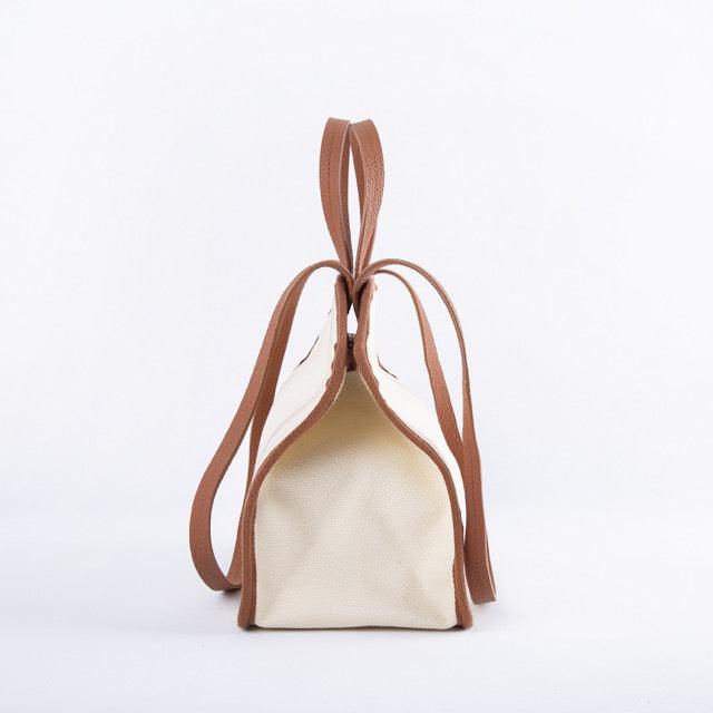 Brown & White Waterproof Canvas & Cow Leather Square Large Capacity Tote Bag | Handbag | Crossbody Bag - loliday.net