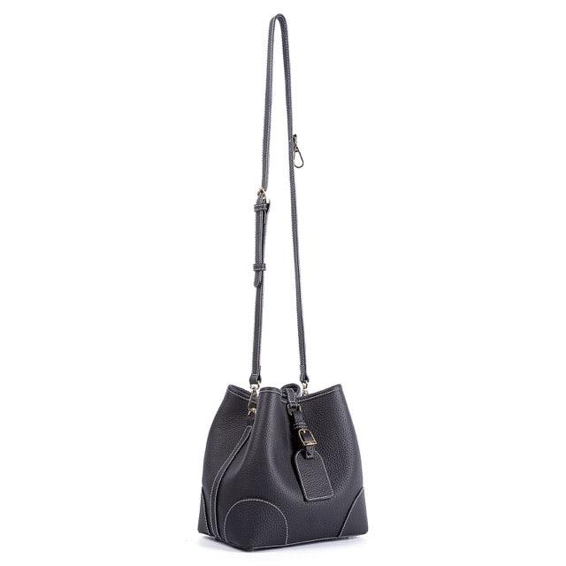 Black Full Grain Cow Leather Mini Drawstring commute Bucket Bag | Crossbody Bag - loliday.net