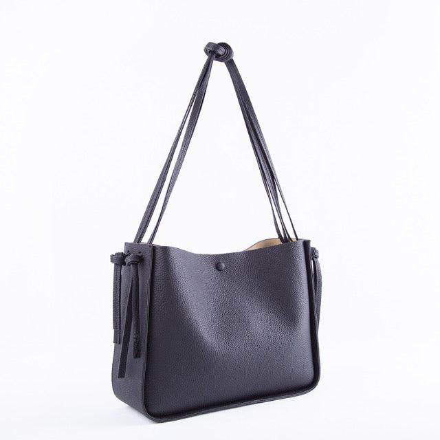 Black Full Grain Cow Leather One-shoulder Tote Bag | Handbag | Shoulder Bag - loliday.net