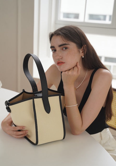 Large Square Commuter Tote Bag | Top Handle Bag in Canvas & Leather _ Black & White