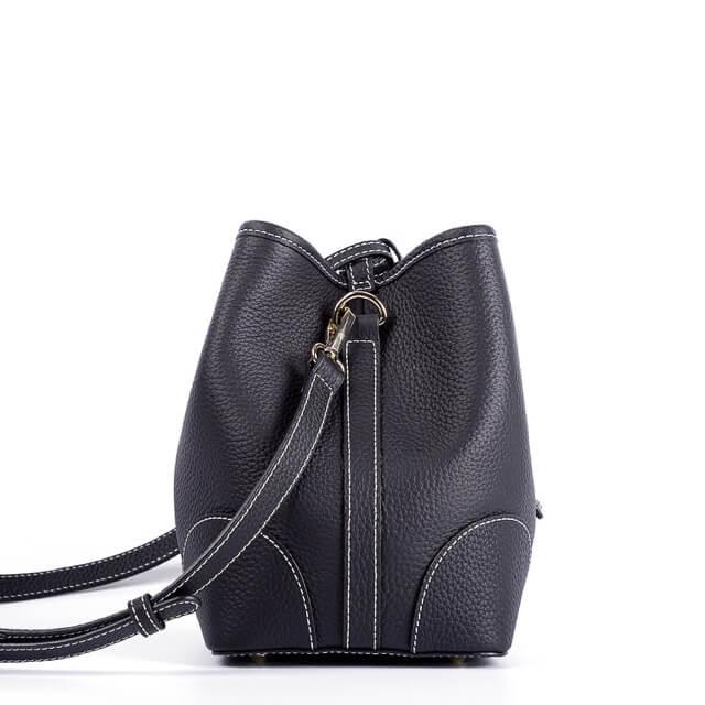 Black Full Grain Cow Leather Mini Drawstring commute Bucket Bag | Crossbody Bag - loliday.net