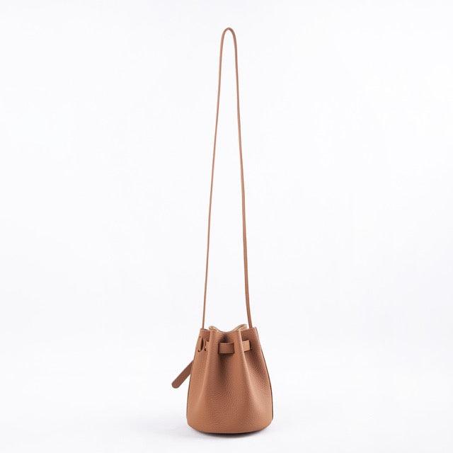 Brown Semi-Handmade Top Grain Cow Leather Lock Mini Bucket Bag | Crossbody Bag - loliday.net