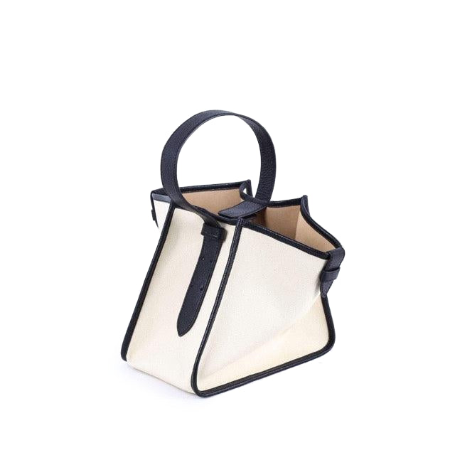 Large Square Commuter Tote Bag | Top Handle Bag in Canvas & Leather _ Black & White