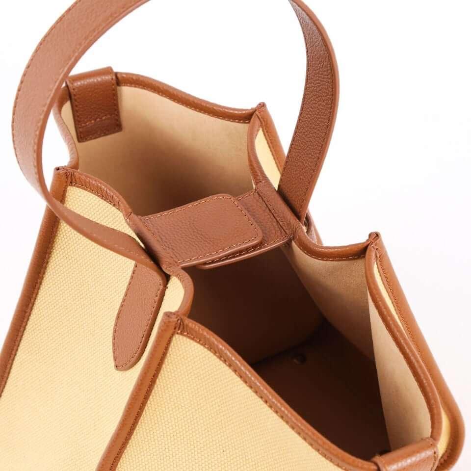 Brown & White Waterproof Canvas & Cow Leather Square Large Capacity Tote Bag - loliday.net