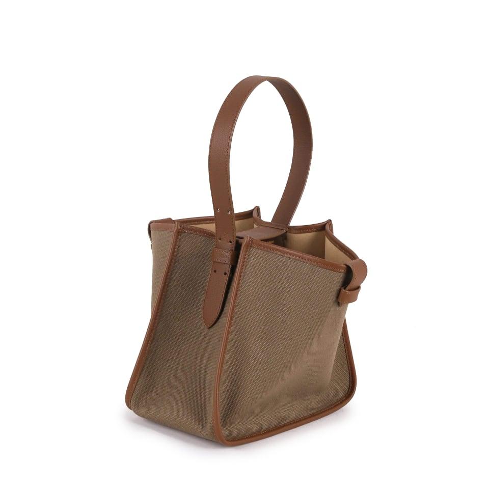 Large Square Commuter Tote Bag | Top Handle Bag in Canvas & Leather _Dark  Brown & Khaki