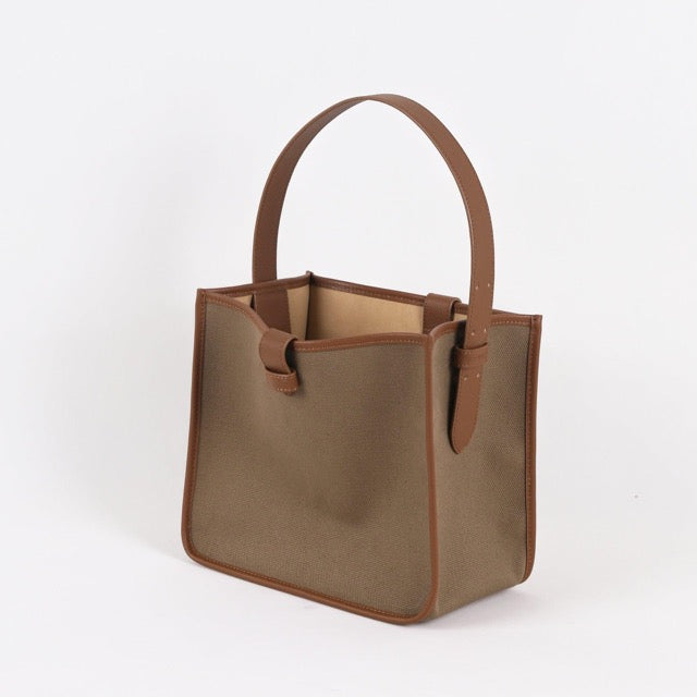 Large Square Commuter Tote Bag | Top Handle Bag in Canvas & Leather _Dark Brown & Khaki