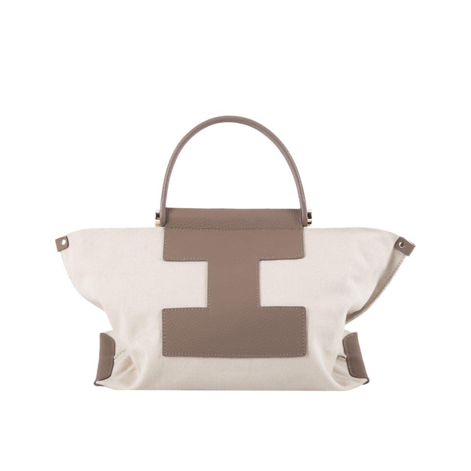 INA - Mini Tote Bag in Leather & Canvas _ Khaki & Cream