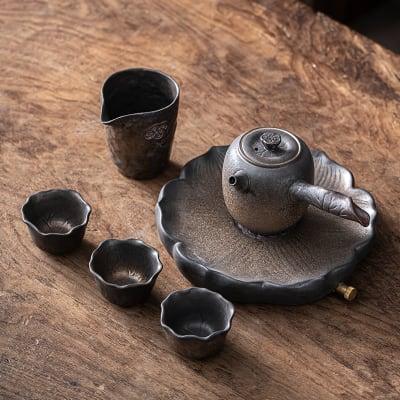 Japanese Petal Side Grip Kung Fu Teapot Set - 6 pcs | One Pot And Three Cups with Tray - mokupark.com