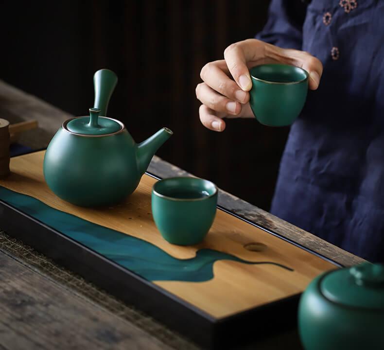 Japanese Dark Green Side Grip Teapot Set - 5pcs One Pot And Two Cups - mokupark.com