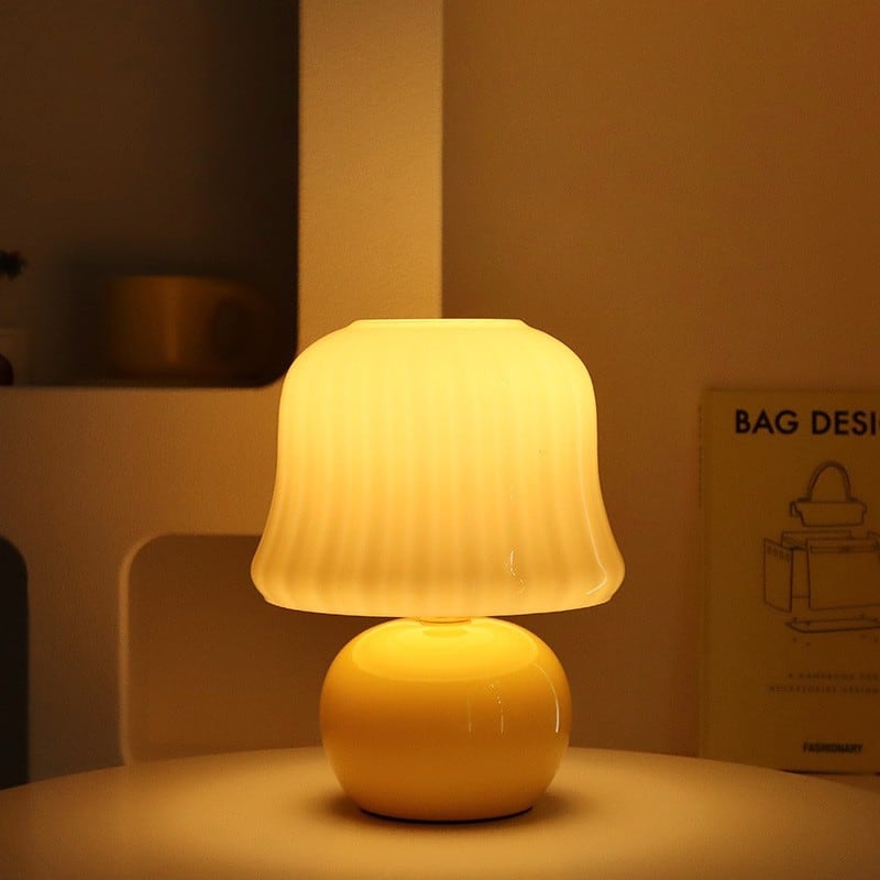 Cream Glass Mushroom Table Lamp - Plug in