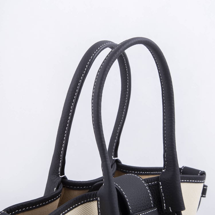 Mini Square Commuter Tote Bag | Top Handle Bag in Canvas & Leather _ Black & White