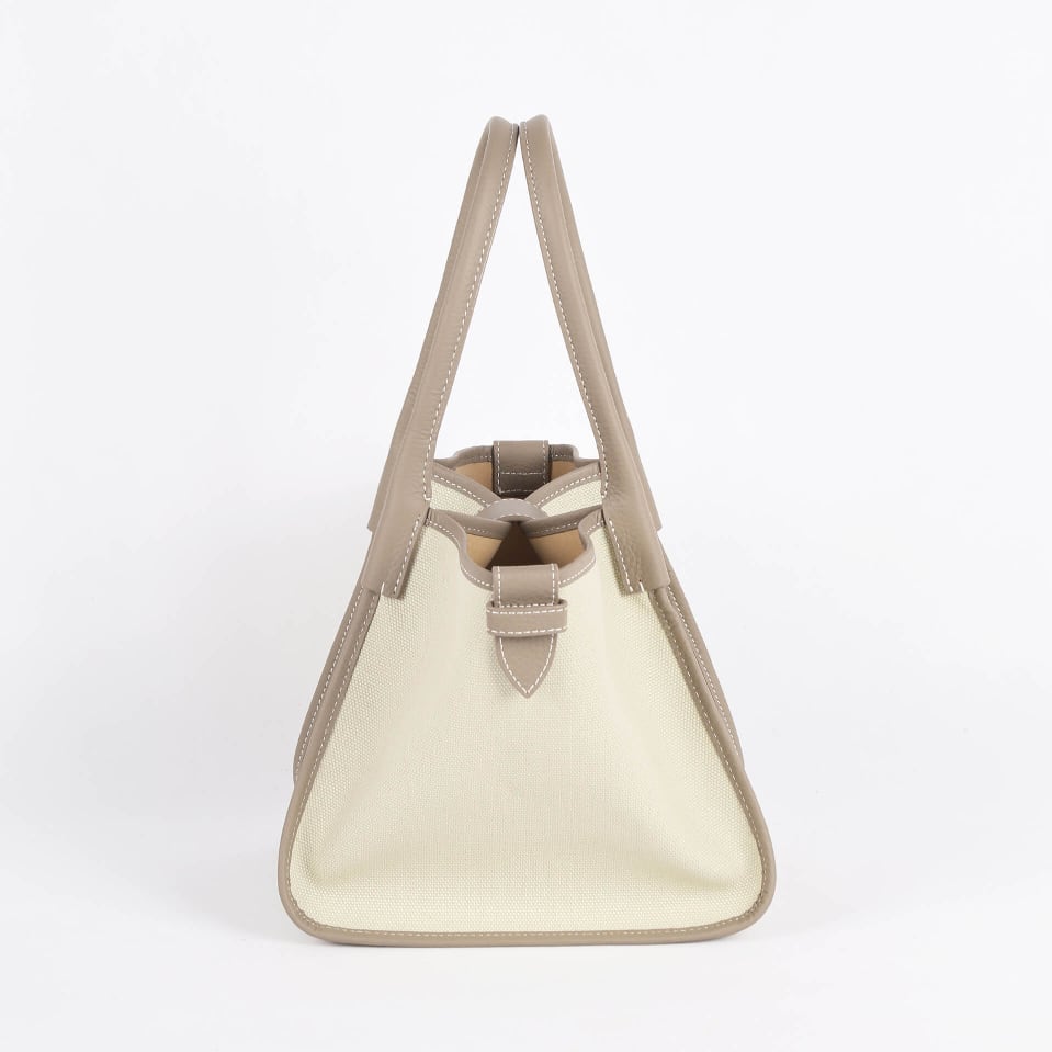 Classic Large Square Commuter Tote Bag | Top Handle Bag in Canvas & Leather _ Grey