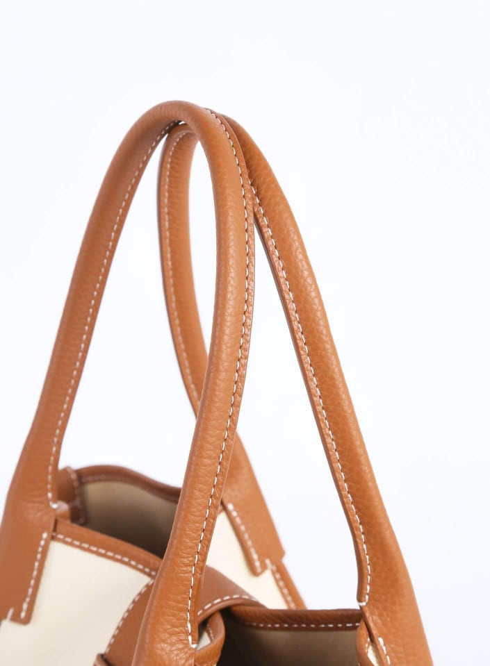 Classic Large Square Commuter Tote Bag | Top Handle Bag in Canvas & Leather _ Brown