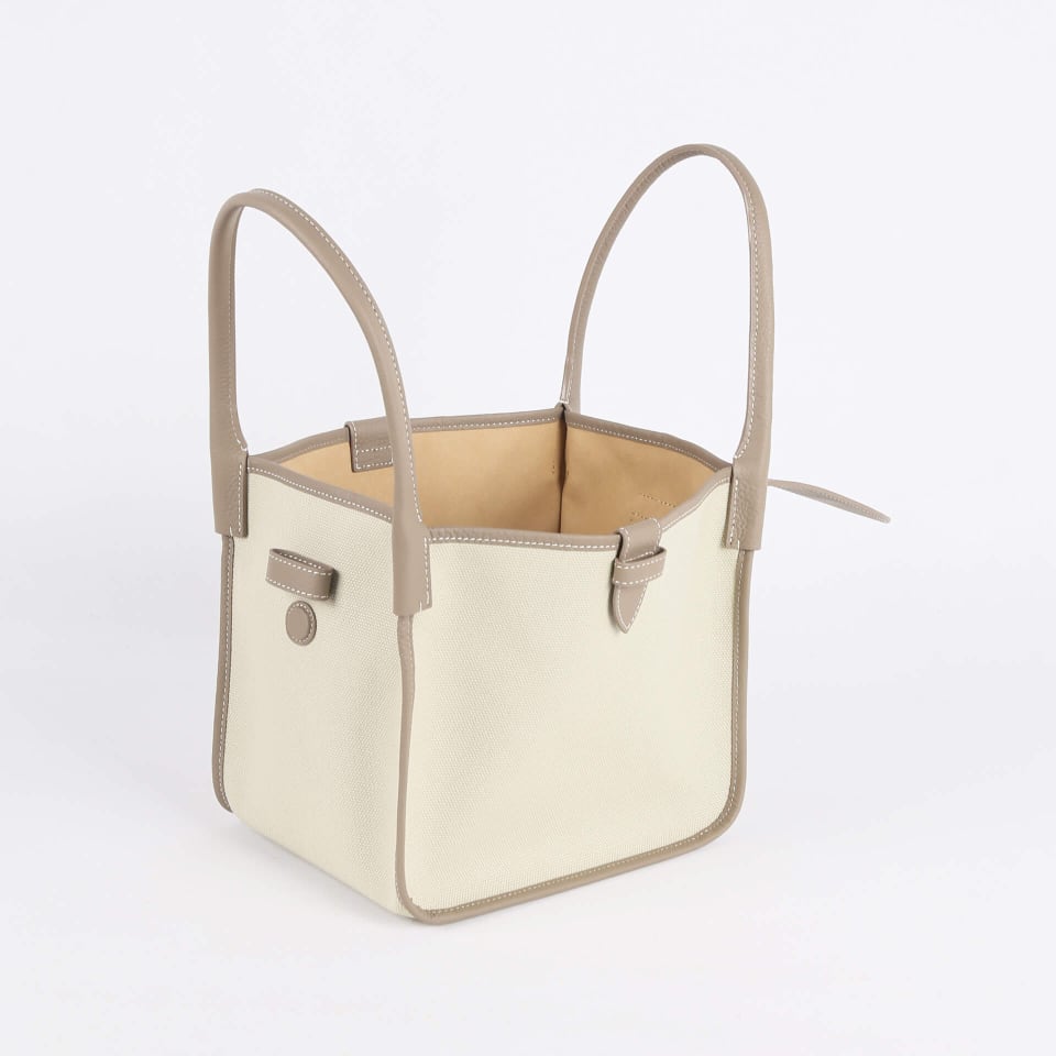 Classic Large Square Commuter Tote Bag | Top Handle Bag in Canvas & Leather _ Grey