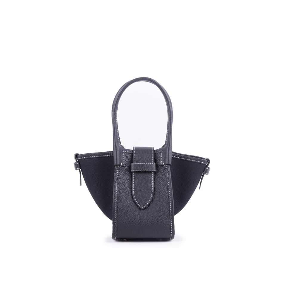 Mini Square Commuter Tote Bag | Top Handle Bag in Canvas & Leather _ Black