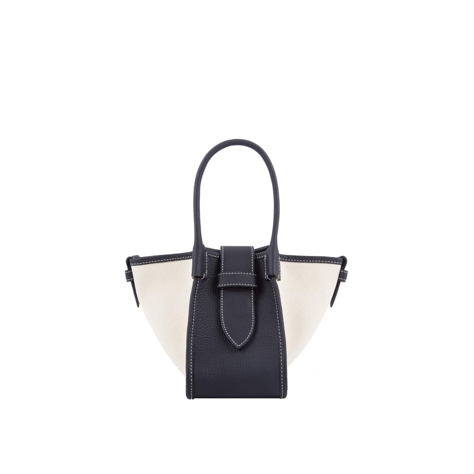 Mini Square Commuter Tote Bag | Top Handle Bag in Canvas & Leather _ Black & White